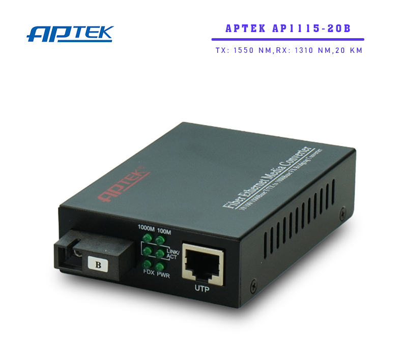 Bộ chuyển đổi quang điện 1 sợi APTEK AP1115-20B Converter Gigabit